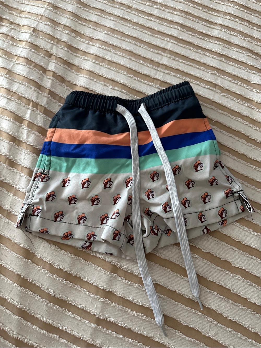 Kids Stripe Print Swim Shorts in Navy, Orange, Blue, Mint